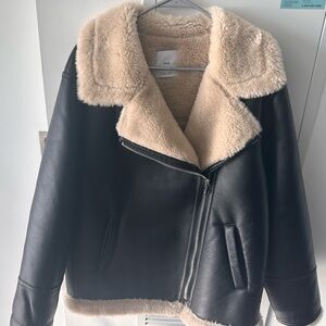 MANGO Women's Black and Cream LEATHER Jacket